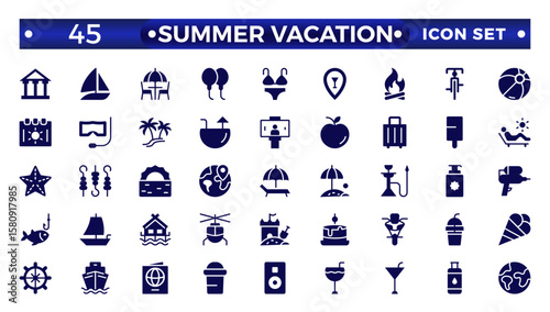 Summer vacations solid icon set. Vector solid illustrations with objects, activities, and places related to traveling, tourism, outdoors on the beach and mountains, camping, resorts, and hotels.
