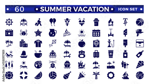 Summer vacations solid icon set. Vector solid illustrations with objects, activities, and places related to traveling, tourism, outdoors on the beach and mountains, camping, resorts, and hotels.
