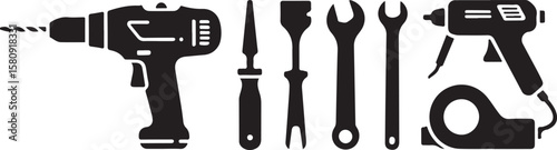 Black drill wrench chisel tape measure hardware vector