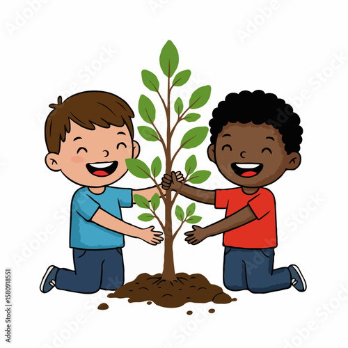 Two cheerful diverse boys happily planting a young tree with dark soil together against white background.