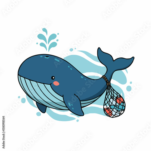 A distressed cartoon blue whale dragging a fishing net filled with colorful plastic trash in polluted water on white background.