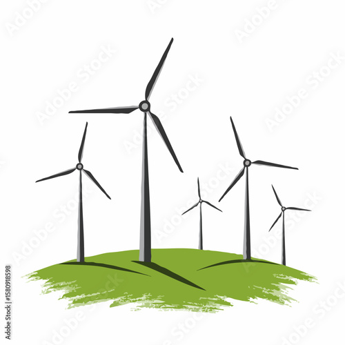Multiple large wind turbines on green grassy hill in energetic sketch style on white background.