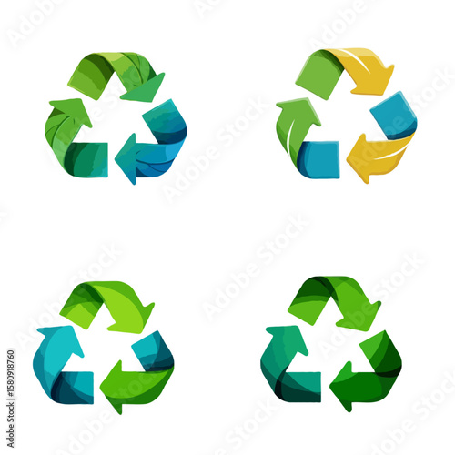 Collection of colorful three-dimensional recycling symbols representing sustainability on white background.