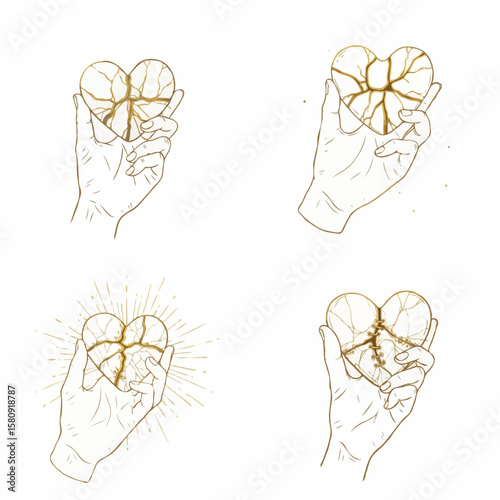 Collection of outlined hands holding golden broken or healing hearts with cracks against white background.