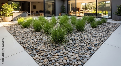A modern courtyard garden with green plants, pebbles, and a contemporary home visible.