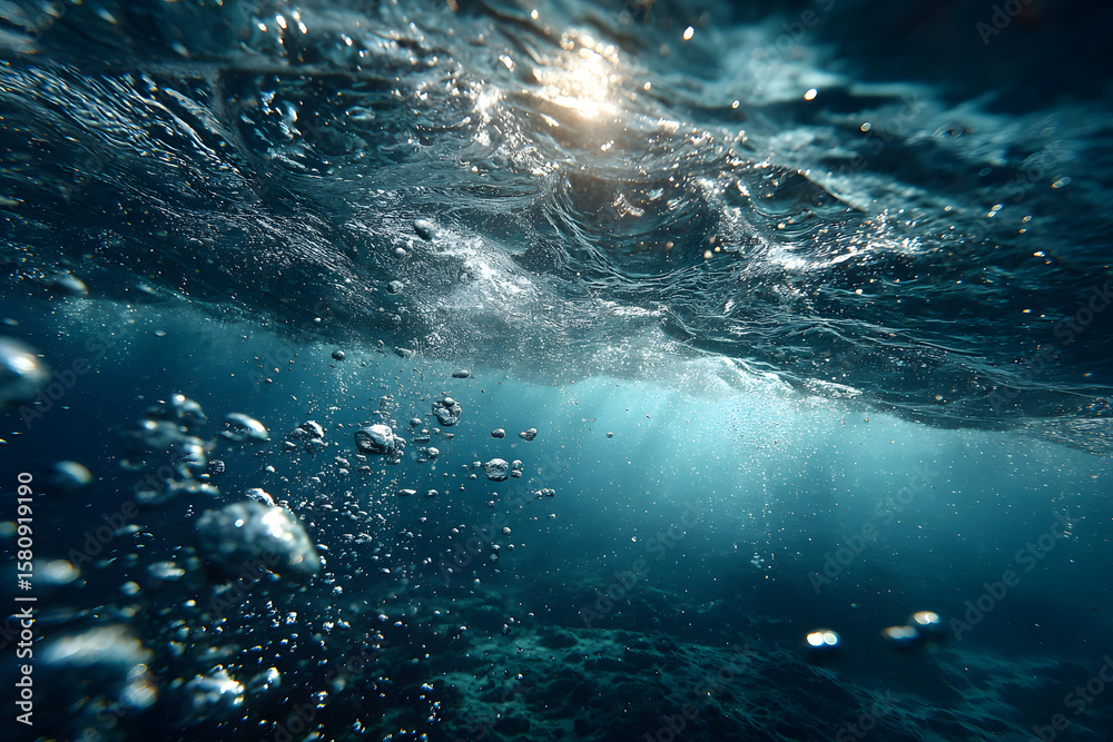 Obraz premium A serene underwater scene unfolds with bubbles floating gently on a deep blue backdrop, creating a tranquil atmosphere