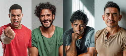 A portrait series illustrating the four temperaments through Latina male expressions: anger, joy, contemplation, and calm, showing emotional diversity.