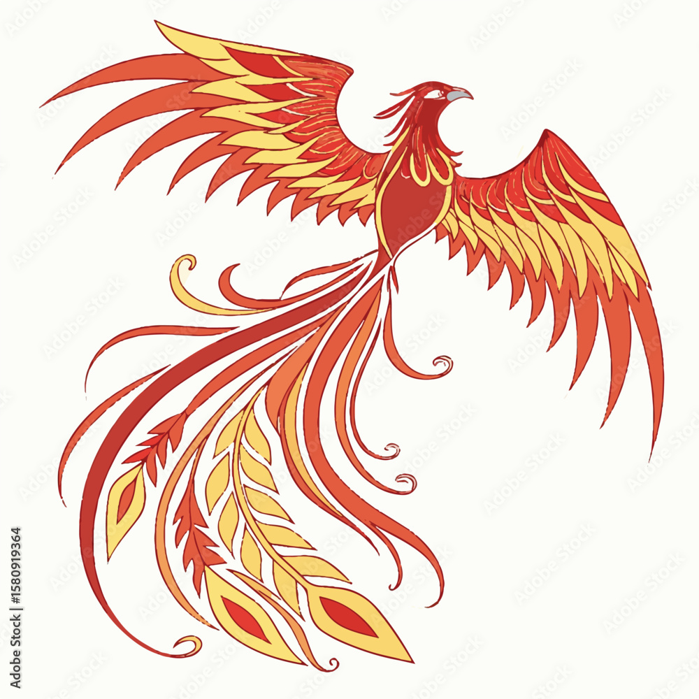 Obraz premium An artistic red and golden phoenix bird with open wings flying through the sky in a dramatic pose.