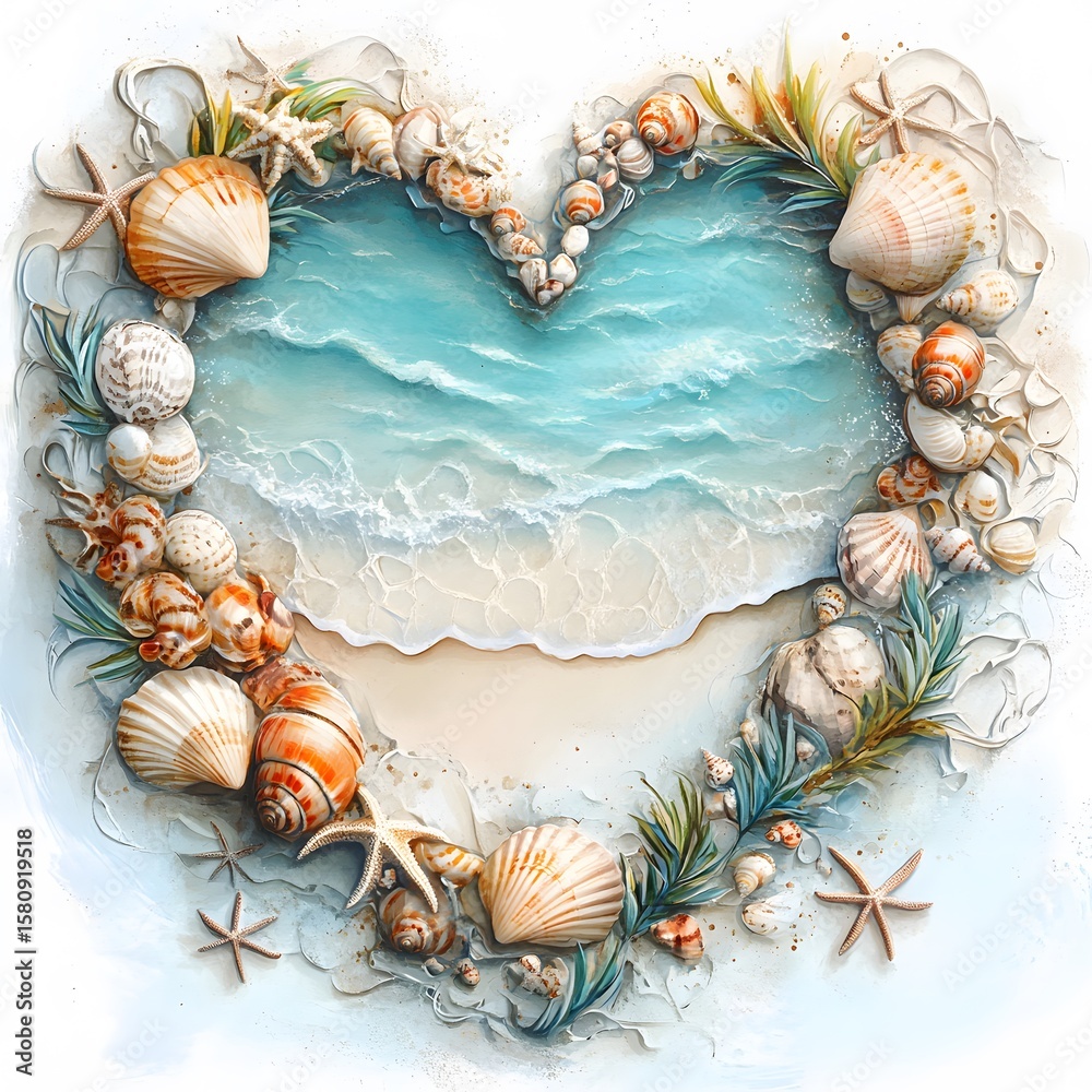 Obraz premium Watercolor Heart-Shaped Ocean Frames with Seashells, Coral, Waves and Tropical Beach Elements