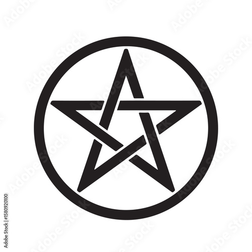 Pentagram in Circle, Black and White Vector Illustration, Wiccan Symbol