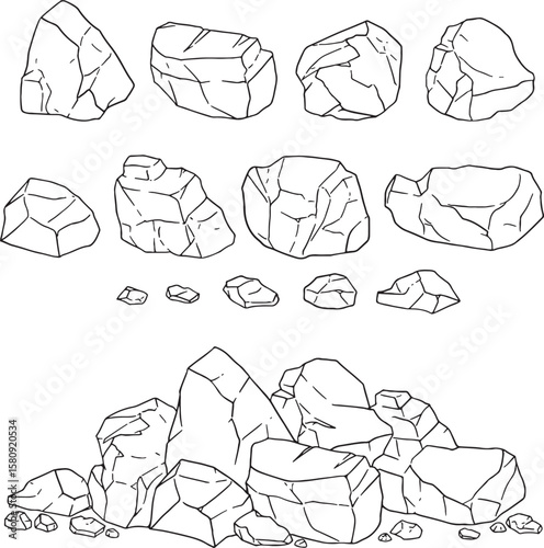 Hand-drawn rocks and stones in various shapes and sizes, including individual pieces and a pile. These versatile outlines are perfect for natural landscapes, geological themes, outdoor adventures.