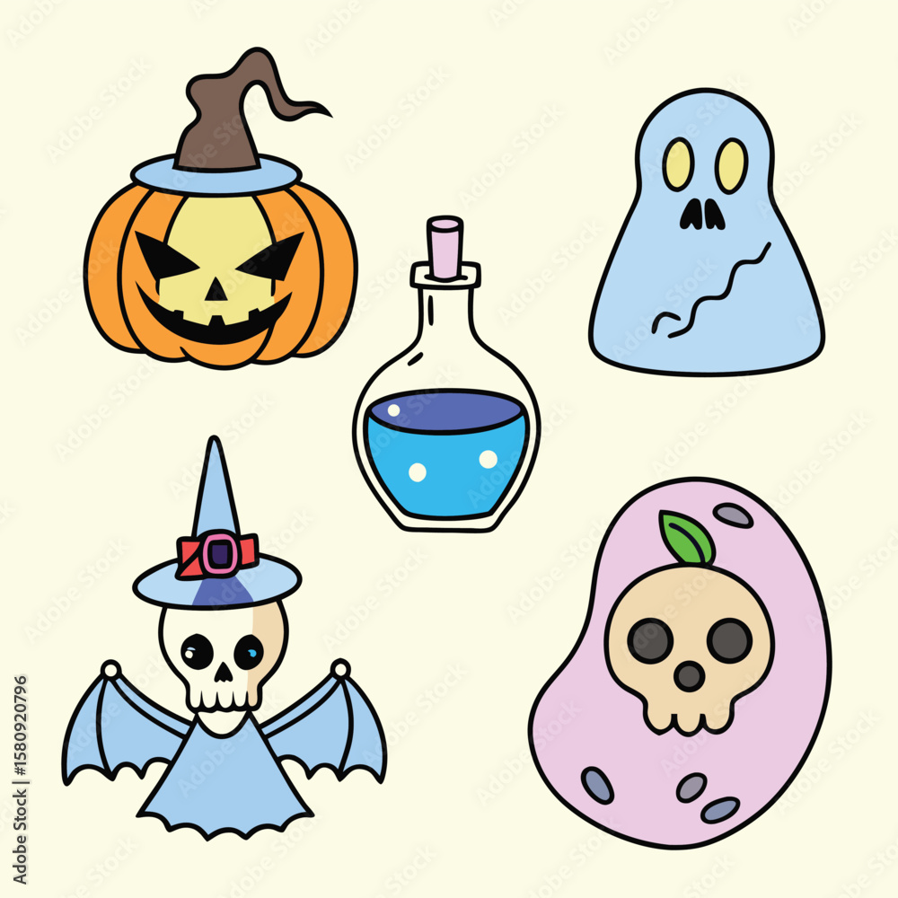 Fototapeta premium Halloween characters pumpkin ghost skull potion bottle vector