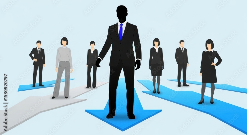 Diverse team of business people stands on arrows, symbolizing leadership and direction, with a prominent figure in the center wearing a blue tie, representing success and guidance. Diverse team of business people stands on arrows, symbolizing leadership and direction, with a prominent figure in the center wearing a blue tie, representing success and guidance.