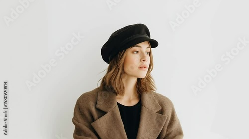 Young woman in brown coat and black cap looking up with thoughtful expression against white background