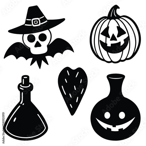 Halloween skull pumpkin potion bottle and strawberry witch hat bat wings
