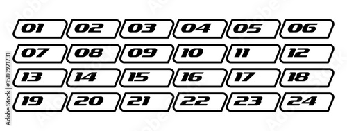  Font icons Bullet Point from 1 to 24. Dynamic slanted font. Black and white rectangular markers with numbers. Set of vector design elements for infographics.