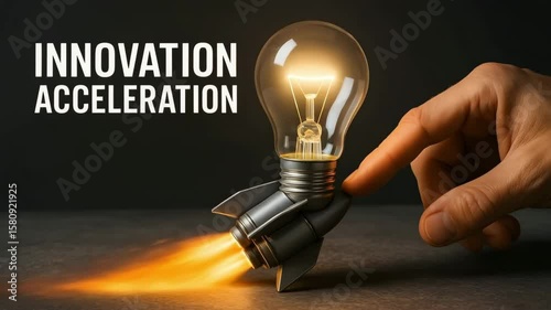 A finger launches a rocket-shaped lightbulb emitting fiery thrust beside bold text. Concept of innovation acceleration and creative momentum.