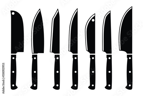 A collection of eight distinct black silhouette kitchen knives with white handles and rivets arranged in a row against a white background