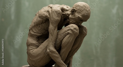 Brown clay sculpture of a hunched emaciated human figure in a pensive pose on a green backdrop