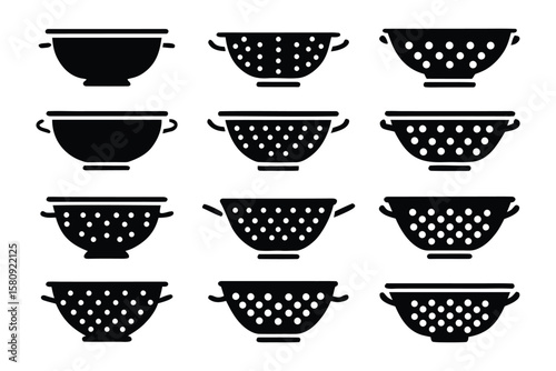 Collection of black kitchen colander icons showcasing various designs and hole patterns for draining food items efficiently