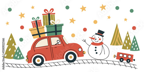 Cute christmas car loaded with gifts drives past a friendly snowman and festive trees