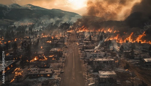 Aerial view of a town ravaged by wildfire.  Flames engulf homes and businesses,  with smoke billowing.  Mountain range in background.  Empty street bisects destroyed area