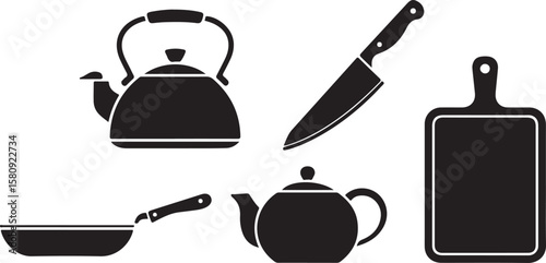 Black kitchenware collection silhouette cooking utensils