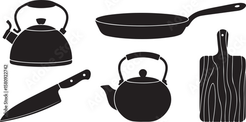 Black silhouette of kitchenware kettle frying pan