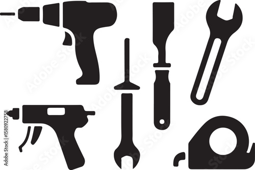 Black tool collection drill wrench glue gun screwdriver