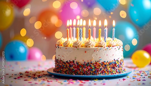 Birthday cake with candles and colorful decorations