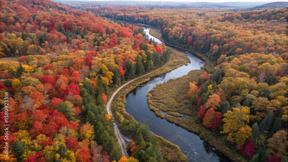 Fototapeta premium Colorful Fall Foliage Surrounding a Meandering River from Above