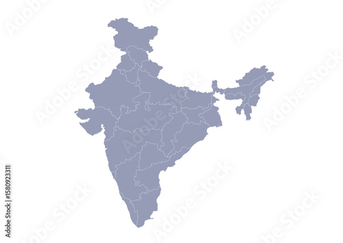グレー色のインドの行政区分地図　（Map of India）
