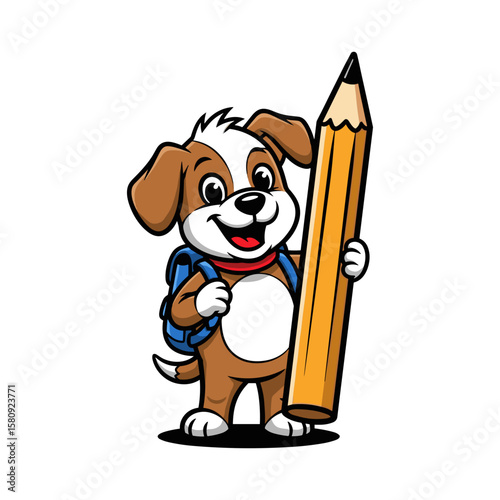 Cartoon Puppy Dog with Backpack Holding Large Pencil