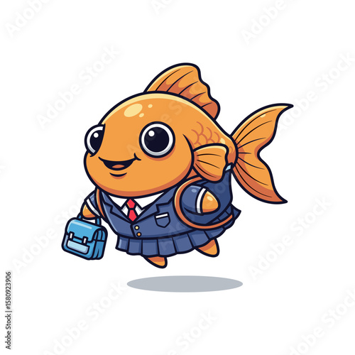 Cartoon Goldfish in Suit with Briefcase and Backpack Going to School