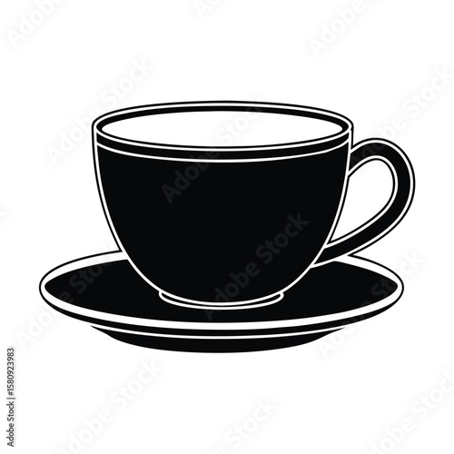 Black coffee cup saucer outline white