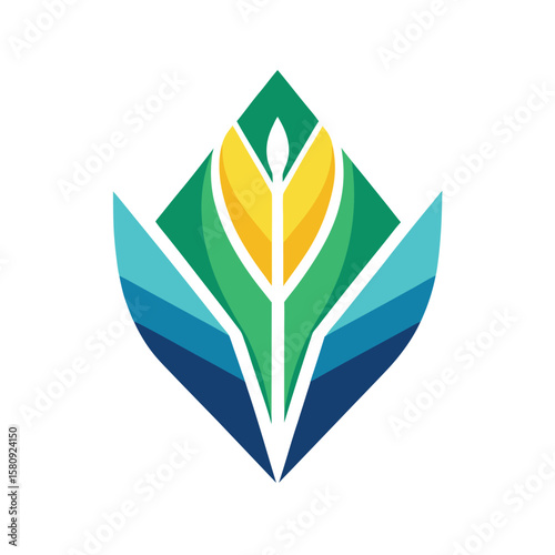 Abstract geometric logo with layered shapes in green yellow and blue on white background