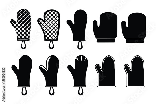 Collection of ten black silhouette oven mitts and pot holders displayed in two rows against a white background