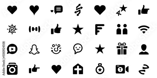 Silhouette Social Media Essential Icons Set, download button, like dislike comment monetisation cloud button