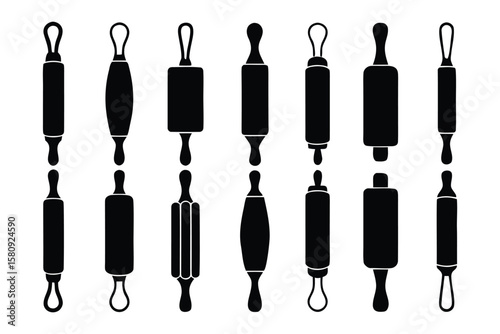 Collection of black silhouette rolling pins with various handle designs and barrel shapes for baking and dough preparation needs