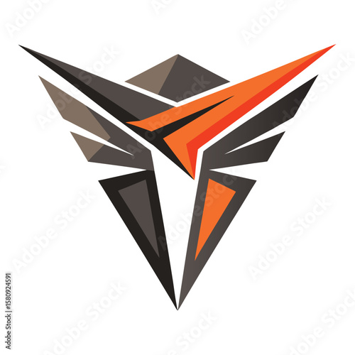 Abstract polygonal falcon logo with angular wings in orange black and gray on white background