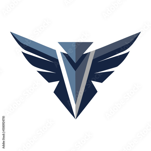 Abstract polygonal falcon logo with closed wings in shades of blue and gray on white