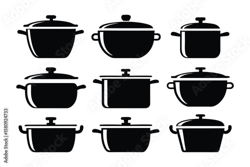 Collection of nine black silhouette icons representing various cooking pots and saucepans with lids and handles on a white background
