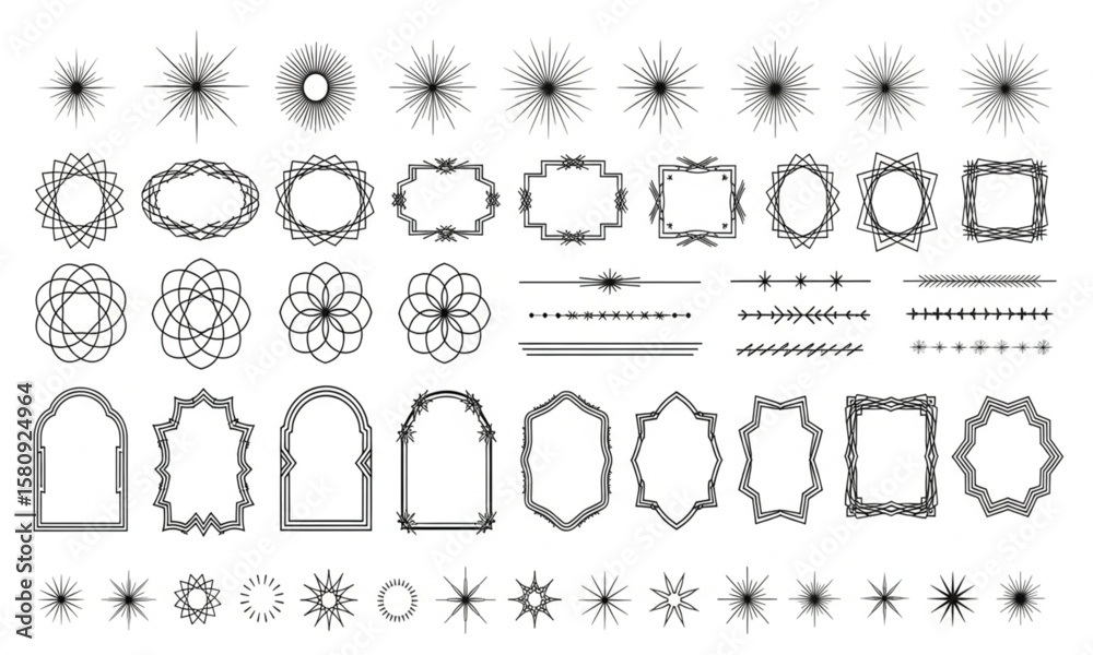 Fototapeta premium Collection of elegant vector design elements: ornate frames, decorative borders, line dividers, and starbursts isolated PNG with Transparent Background