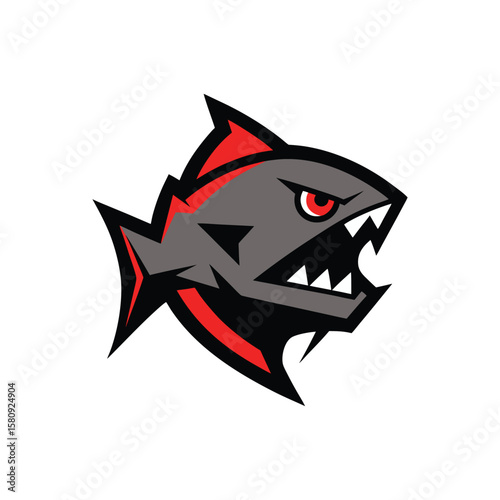 Aggressive piranha fish logo illustration with sharp teeth red eye and black outline on white