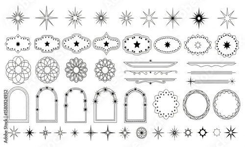Elegant Ornamental Decorative Vector Elements | Black and White Vintage Floral Frames, Stars and Dividers for Wedding Invitations, Logo Design and Branding