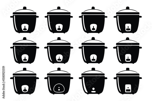 Collection of twelve black and white silhouette icons of rice cookers each with slightly varied control panel designs and indicators
