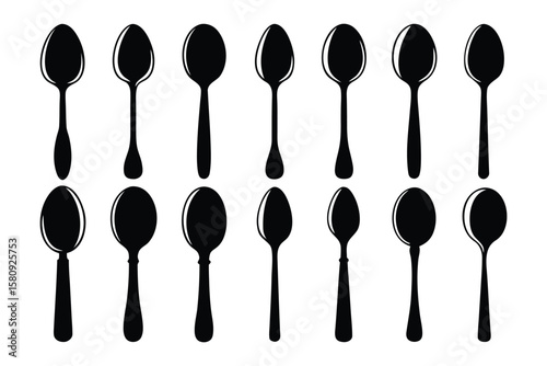 A collection of twelve black silhouette spoons arranged in two rows against a clean white background showcasing various handle designs and bowl shapes