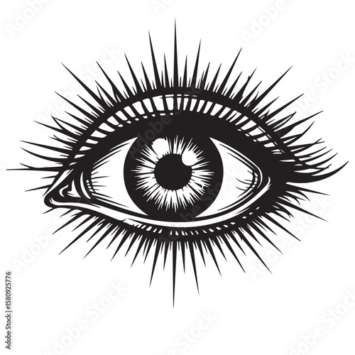 All-seeing eye illustration, black and white vector graphic, mystical design element