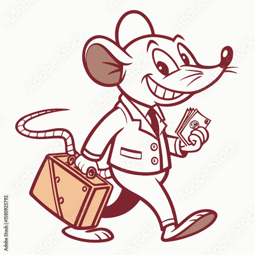 Adorable mouse character in an animated travel scene, expressing joy and excitement.