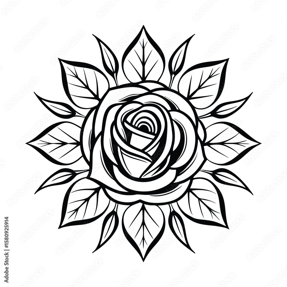 Fototapeta premium Blooming rose with intricate black outlines flower